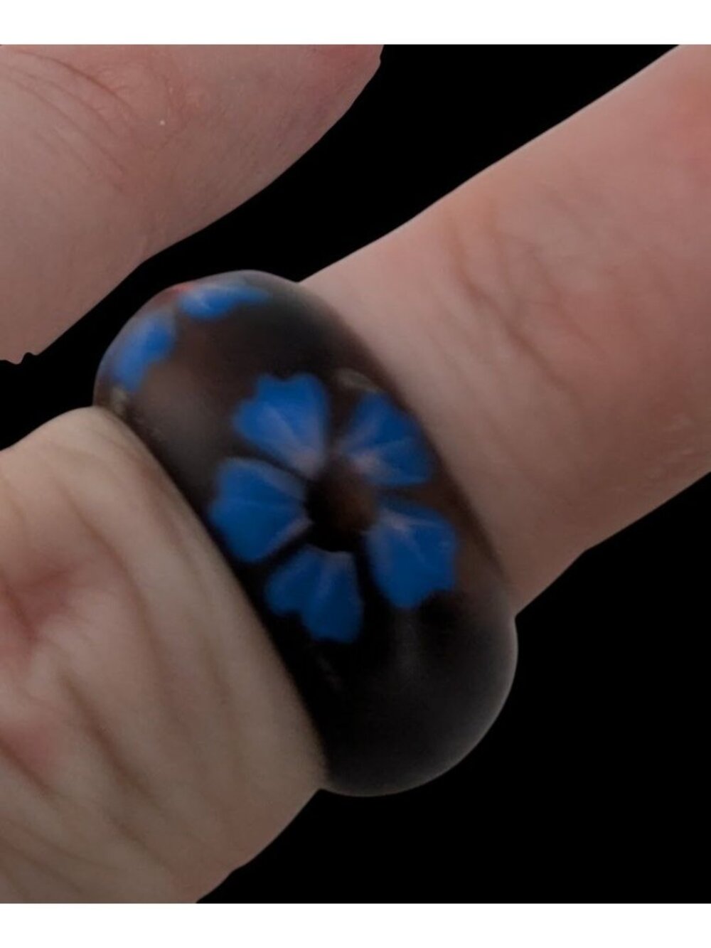 Boho Floral Painted Wood Ring Blue Flower Black Chunky Statement Jewelry